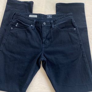 Men's AG tailored leg black 5-pocket jeans.